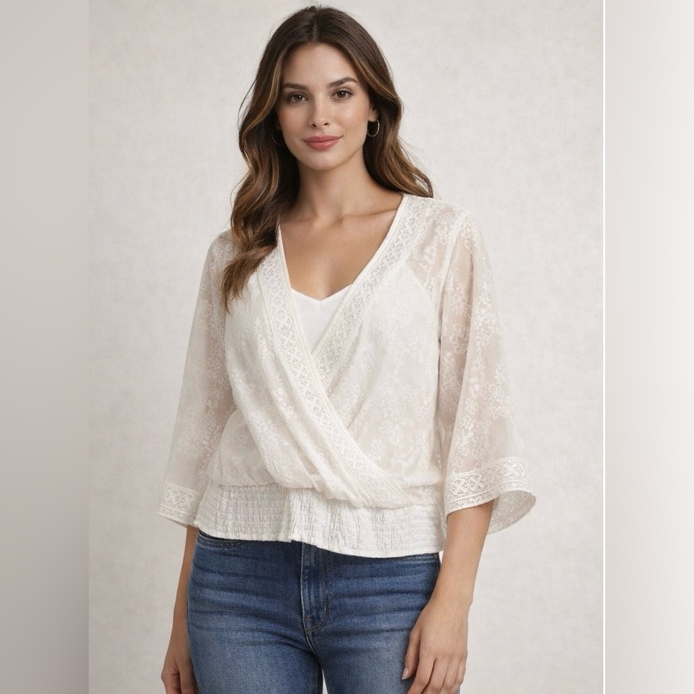 White House Black Market White Lace Wrap Blouse | Smocked Waist | Small